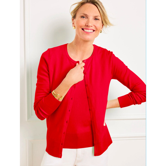 Talbots Crew Neck Cardigan Womens L Red-Burgundy Pima Cotton Mature Corporate - Picture 2 of 7
